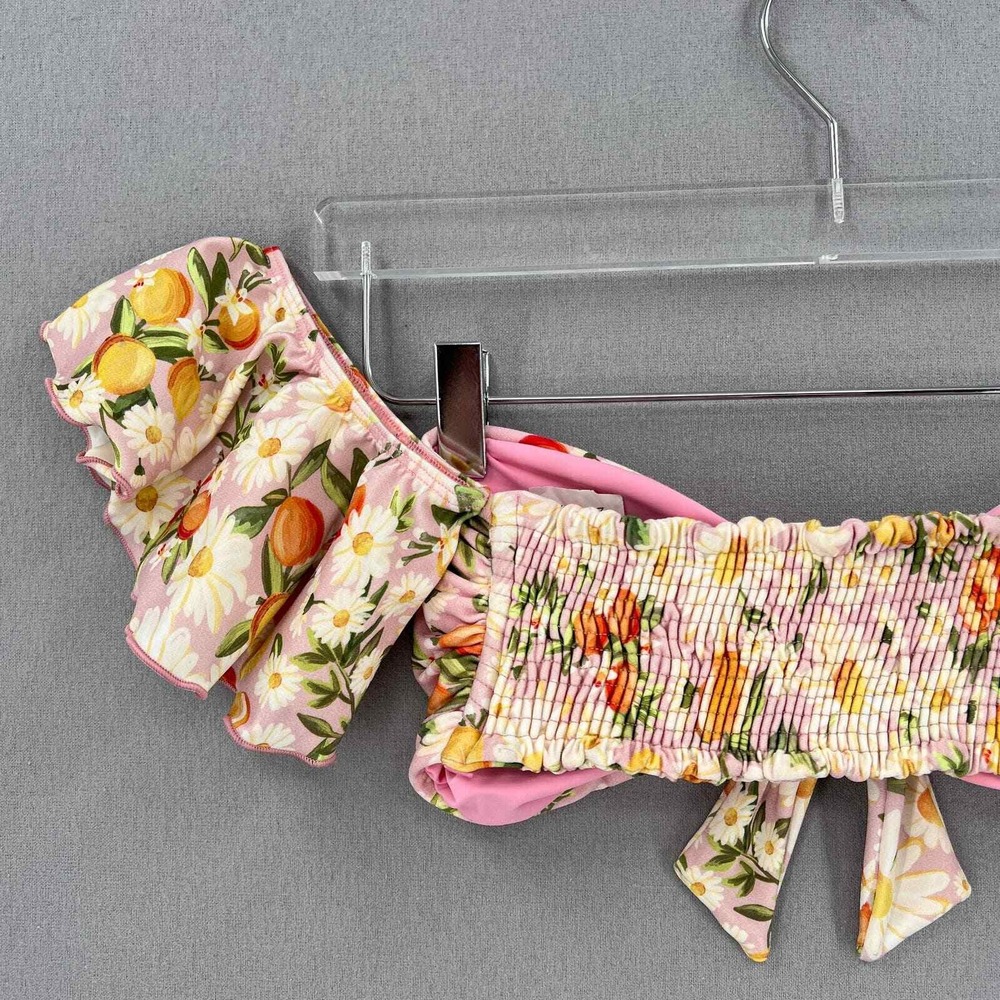 FARM RIO Tangerine Dream Flutter Sleeve Bikini Top Medium Pink Floral Ruffle - Picture 9 of 13